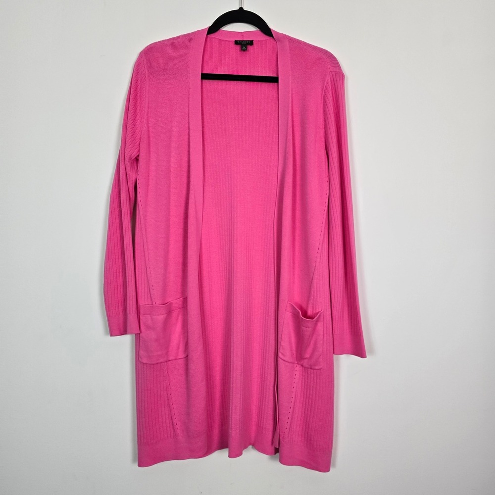 Talbots Cardigan Womens Medium Petite Pink Pima Cotton Ribbed Barbiecore Classic